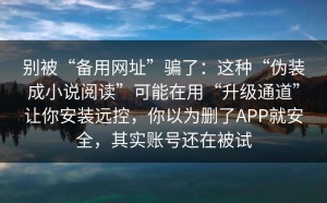 别被“备用网址”骗了：这种“伪装成小说阅读”可能在用“升级通道”让你安装远控，你以为删了APP就安全，其实账号还在被试
