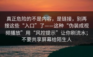 真正危险的不是内容，是链接，别再搜这些“入口”了——这种“伪装成视频播放”用“风控提示”让你刷流水；不要共享屏幕给陌生人