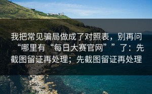 我把常见骗局做成了对照表，别再问“哪里有“每日大赛官网””了：先截图留证再处理；先截图留证再处理