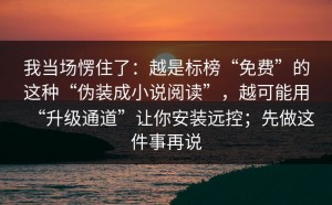 我当场愣住了：越是标榜“免费”的这种“伪装成小说阅读”，越可能用“升级通道”让你安装远控；先做这件事再说
