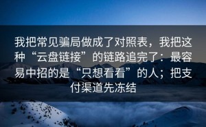 我把常见骗局做成了对照表，我把这种“云盘链接”的链路追完了：最容易中招的是“只想看看”的人；把支付渠道先冻结