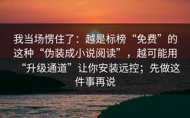 我当场愣住了：越是标榜“免费”的这种“伪装成小说阅读”，越可能用“升级通道”让你安装远控；先做这件事再说